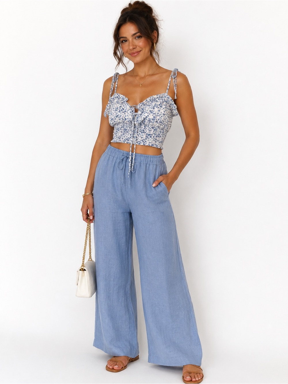Princess Polly Benita Top | Blue Floral | Size US 6 | Tie Front Crop Top